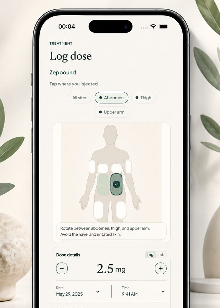 Velum Log dose screen with injection site body map for Zepbound