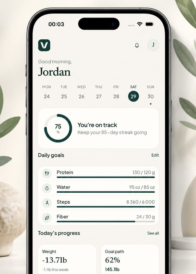 Velum Today dashboard showing daily goals, streak, weight progress, and eucalyptus app UI
