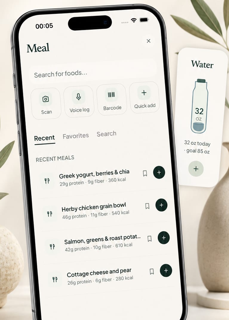 Velum Meal logging screen with scan, voice, barcode, and water tracking card