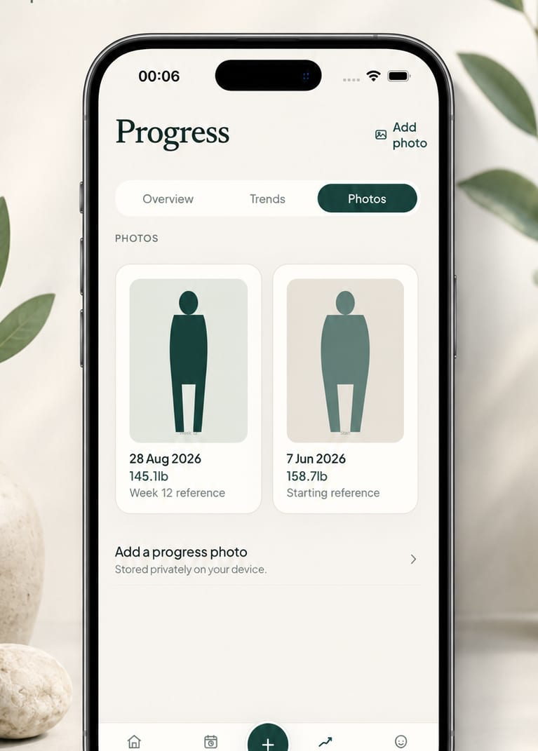 Velum Progress Photos tab with private on-device milestone comparison