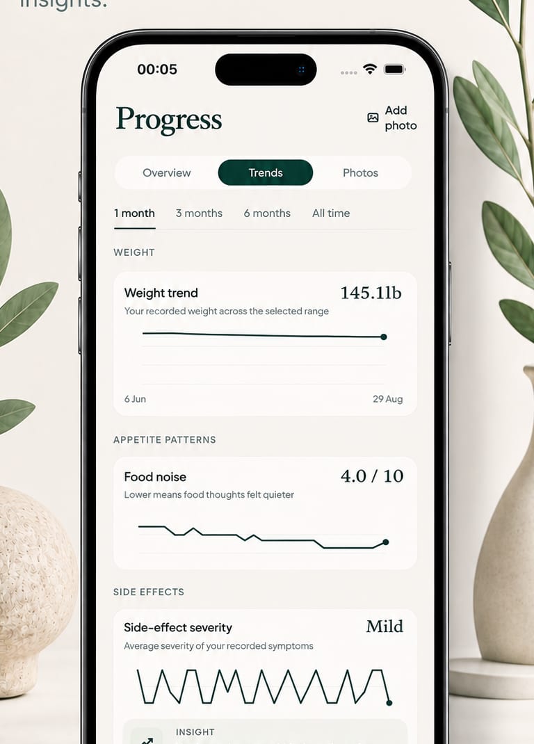 Velum Progress Trends showing weight, food noise, and side-effect charts