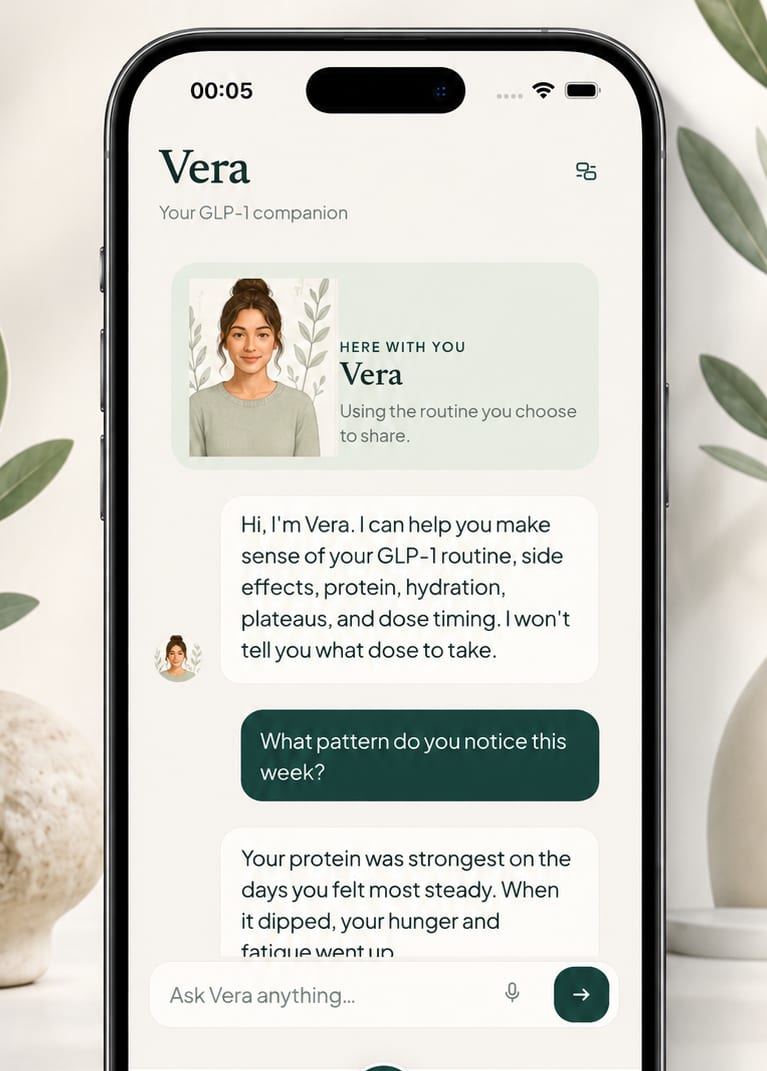 Vera chat screen with GLP-1 companion portrait and routine insights